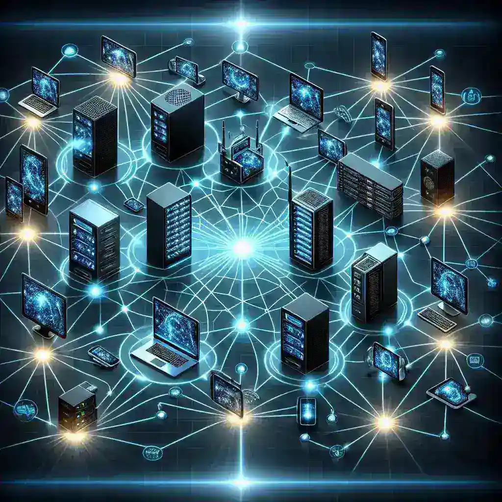 "Illustration of a mesh networking protocol demonstrating device-to-device communications during outages, showcasing interconnected devices maintaining connectivity in a resilient network system."