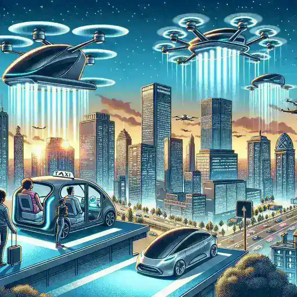 "Flying taxi soaring over city skyline, symbolizing the launch of commercial flying taxi services in three major US cities"