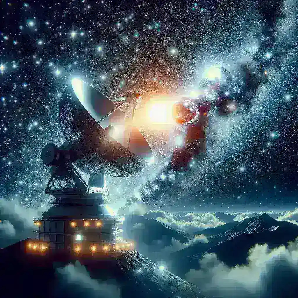 "AI-enhanced telescope capturing a binary star merger in deep space, showcasing advanced astronomical technology and the stunning cosmic event."