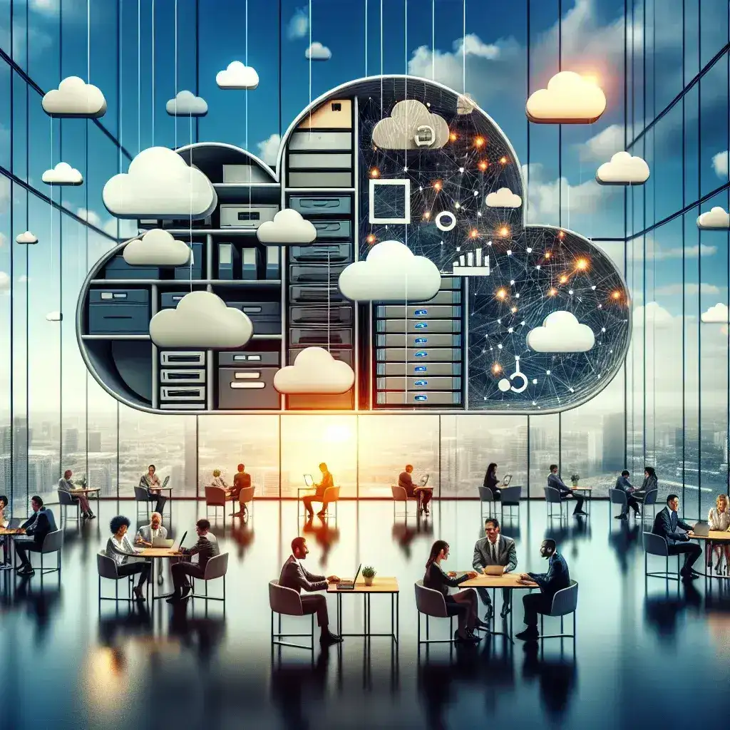 "Illustration of multi-cloud storage solutions showcasing diverse cloud platforms and data management processes, highlighting benefits and challenges for modern businesses in the technology landscape."